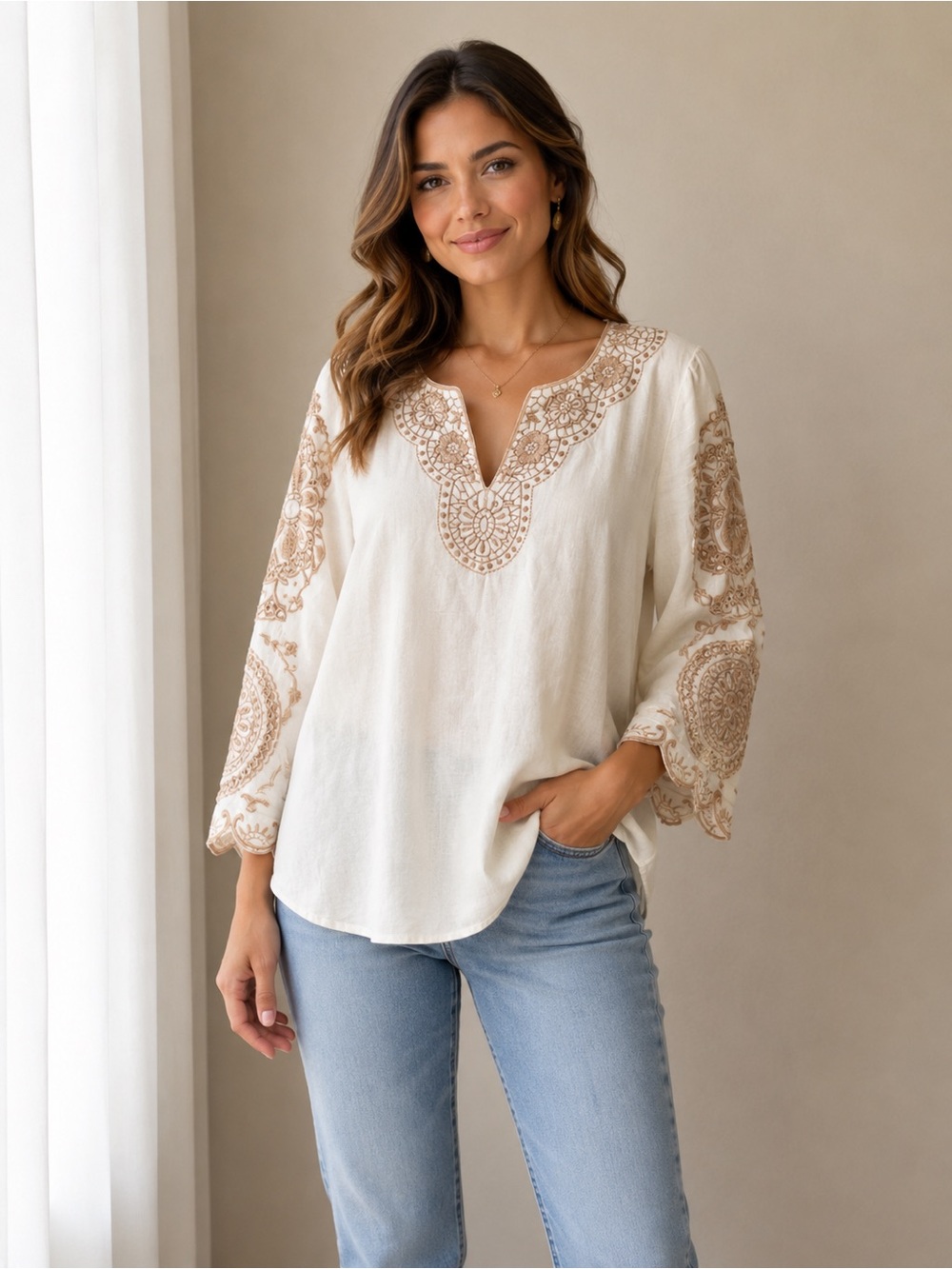 Chico's cream blouse with tan embroidery